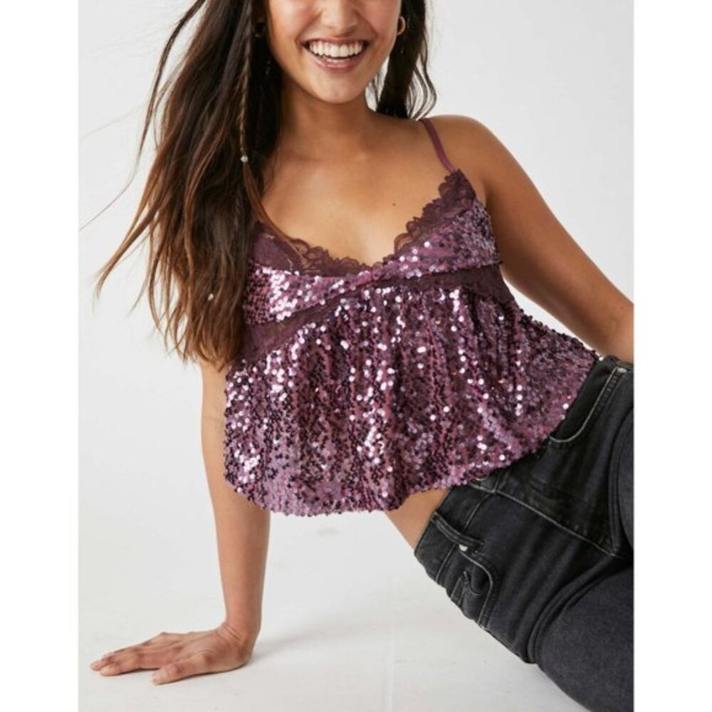 NWT Free People Right Rhythm Sequin Cami - Wine Combo